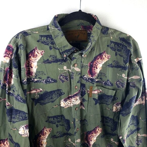 Men's The North River Green Button Up Long Sleeve Bass Fish Shirt Size Large - Picture 11 of 11